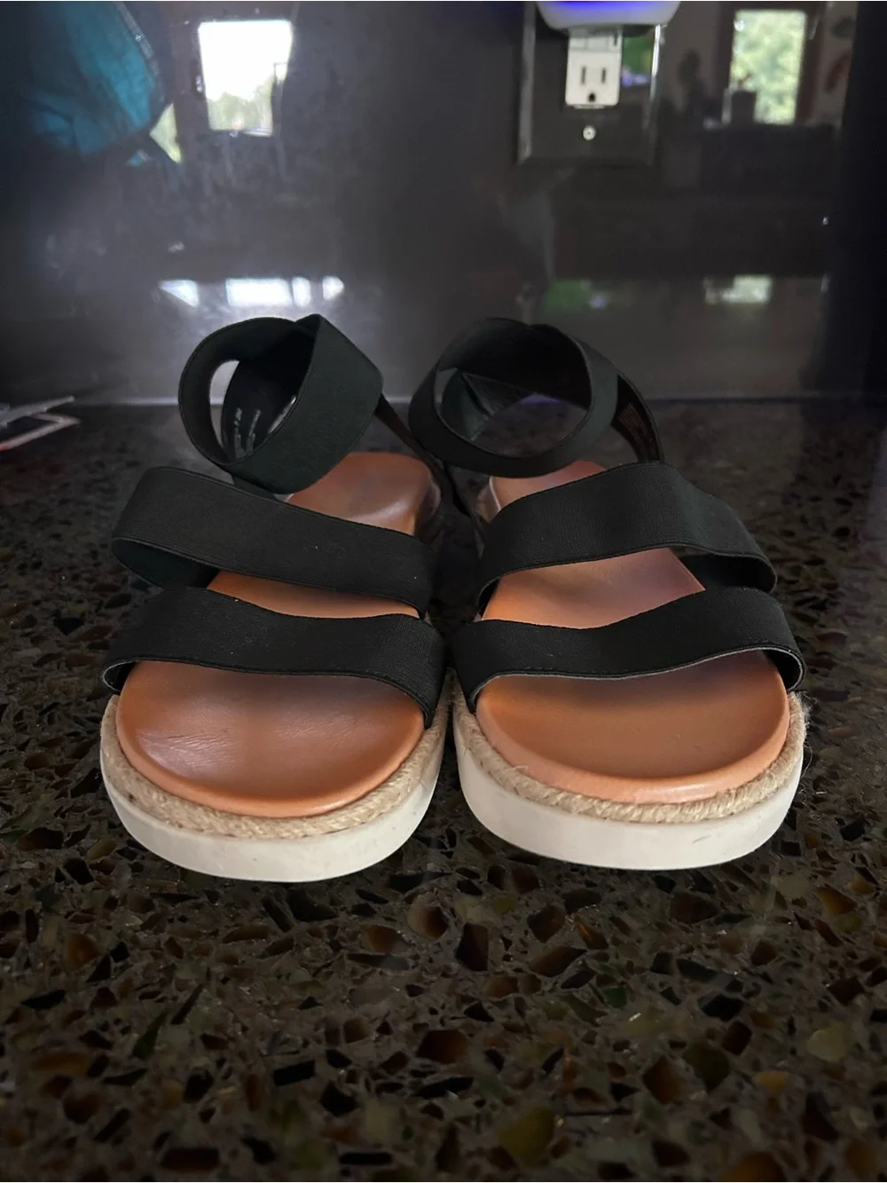 Madden Girl Black Strappy Elastic Sandals with Tan Footbed